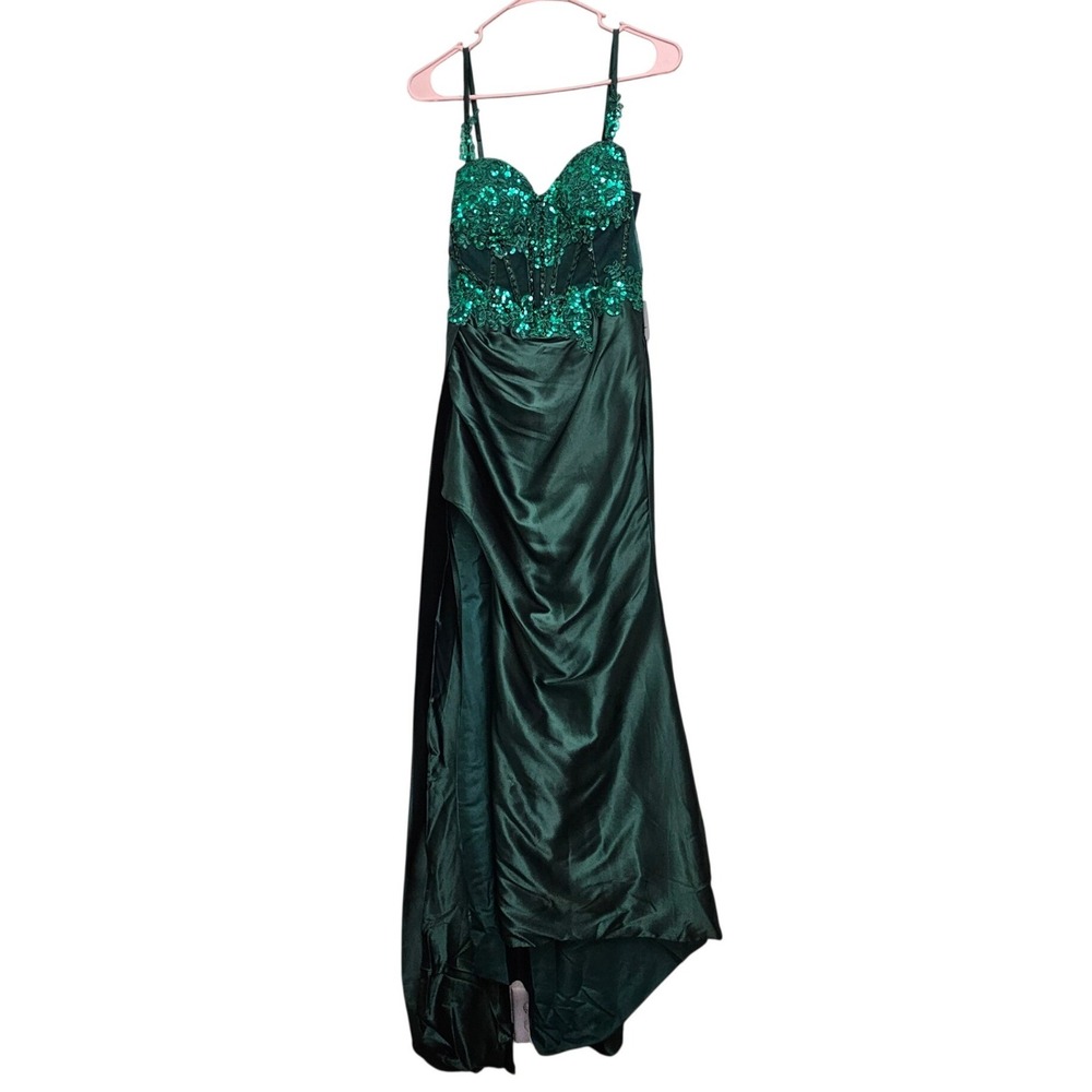 Wear Your Love Evening Gown Womens 4 Green Sequin Corset Satin High Slit Formal